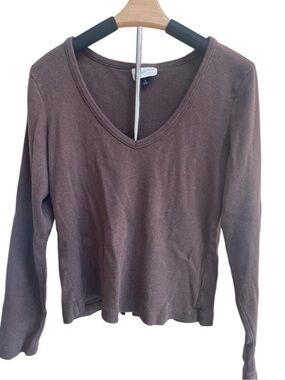 Universal Thread Long Sleeve Ribbed Brown V-Neck T-Shirt XL Cotton Blend